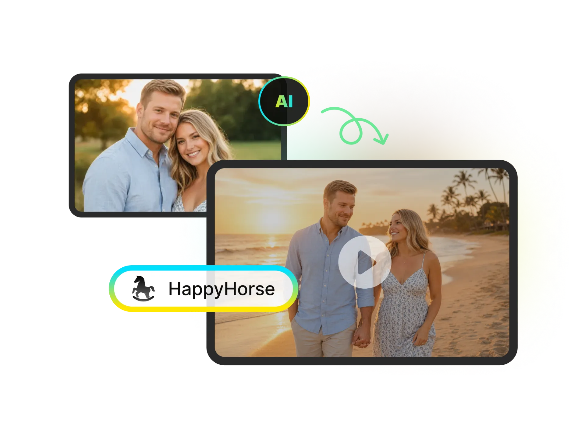 A split screen showing a text prompt on the left and the resulting cinematic video on the right